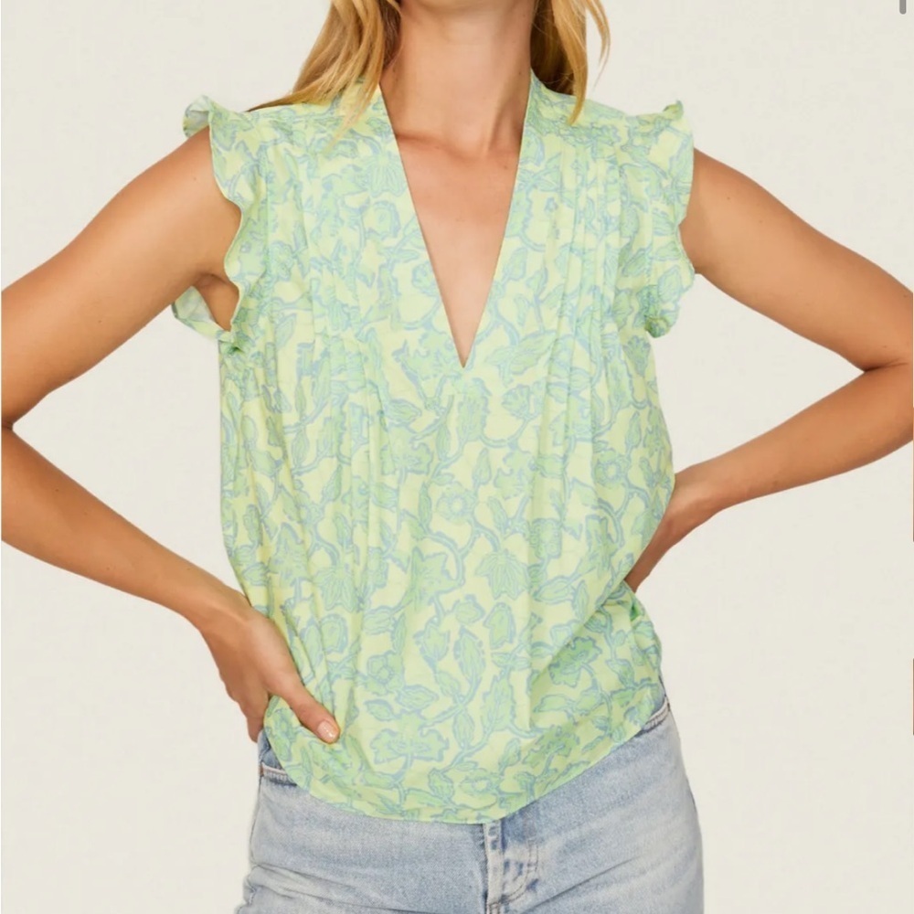 Derek Lam Lime Green Sleeveless Ruffle Floral Blouse Size 6